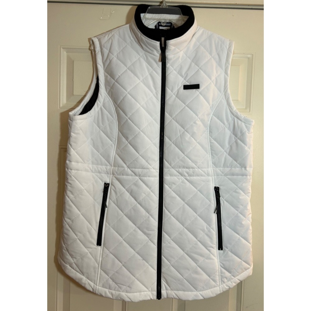 Nautica Women's Full Zip 2 Pockets Sleeveless Quilted Vest White Black‎ Trim XL